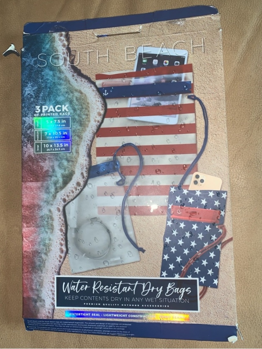 🧋NEW South Beach Water Resistant Dry Bags - Blue & Red Stars/Stripes NIB